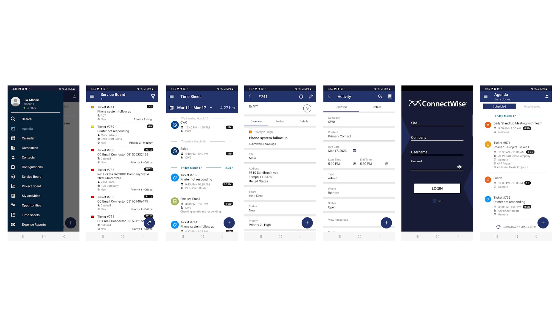 ConnectWise Manage mobile app interfaces showing ticket management, time tracking, and CRM dashboards