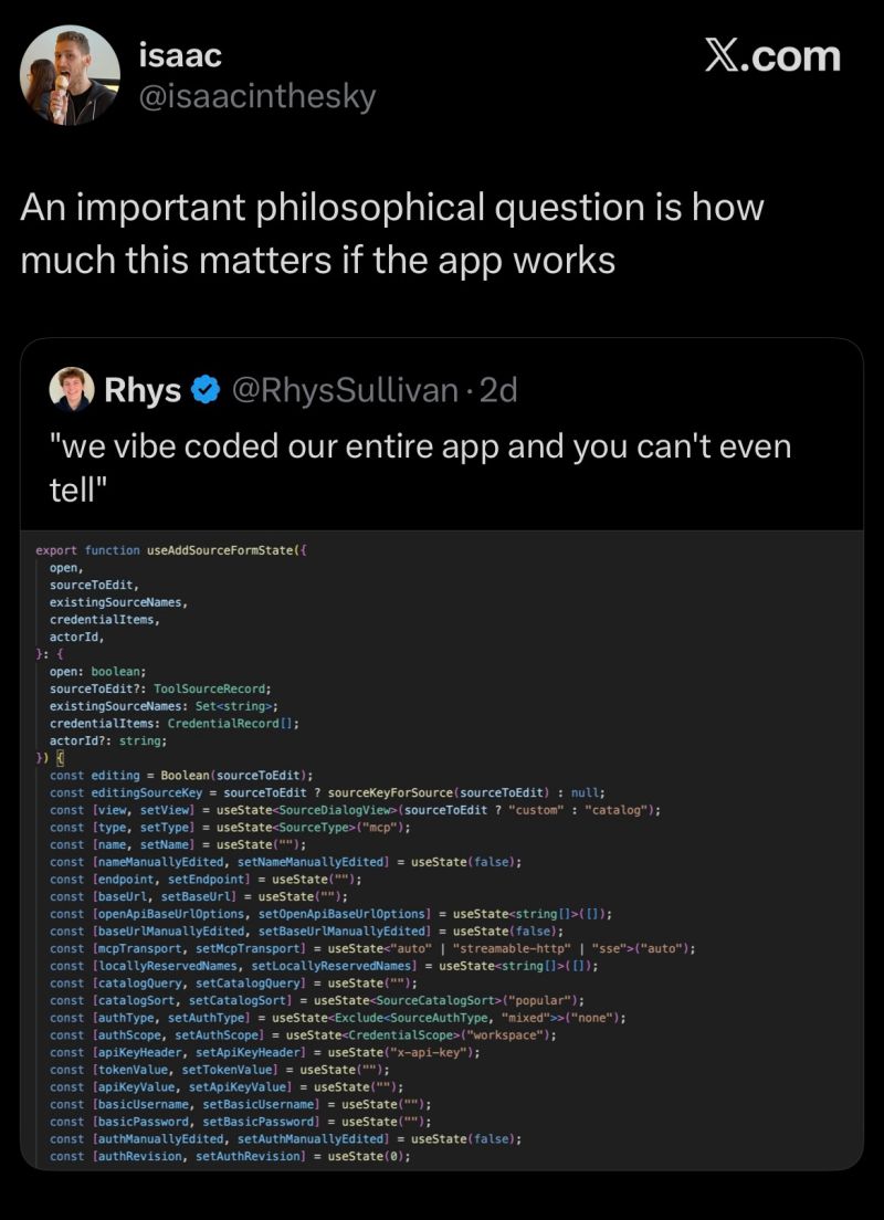 Tweet about vibe coded app with thirty useState calls