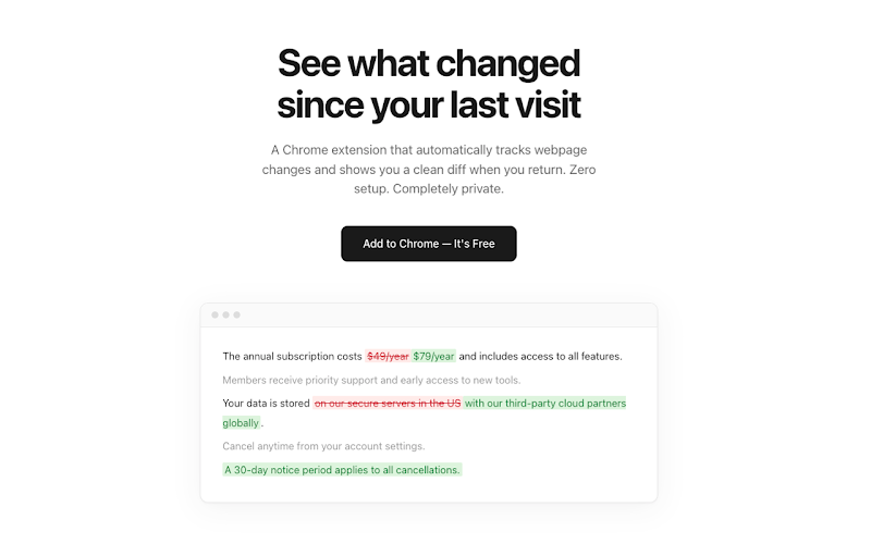 What Changed landing page showing automatic webpage diff tracking with highlighted text changes